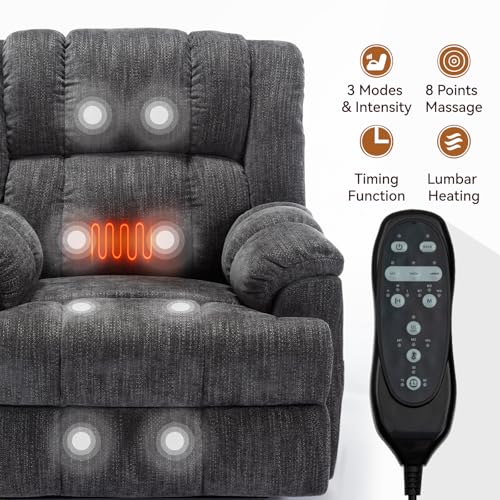 RHHVVR Power Lift Recliner Chair for Elderly, Oversized Chenille Electric Recliners Chairs for Living Room, Dual Motor 180° Lay Flat Recliner Big Sofa with Massage and Heating, Heavy-Duty, Grey RHHVVR