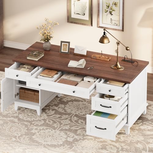 GarveeHome Executive Desk with File Drawers, Farmhouse Home Office Desk with Charging Station, 60 in Wooden Computer Desk with Cabinet Storage for Work Study Writing, White Walunt GarveeHome
