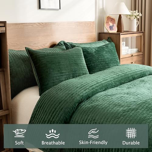 Luxury Velvet Quilt Set Queen Size 3 Pieces,Soft Cozy Oversized Striped Velvet Comforter Set with 2 Pillow Shams,Lightweight Coverlet Bedspread Bedding Set for All Seasons(Forest Green,90"x96") ROMROL
