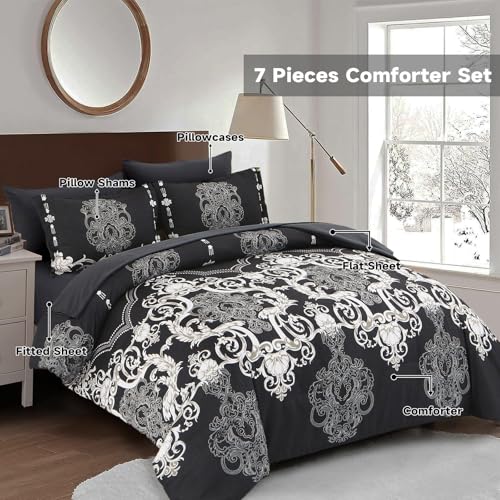 Mybedsoul King Size comforter set, 7 Pieces Boho Bed in a Bag for King Bed, Black Damask Comforter Set with Sheet, Pillowcases & Shams, Soft Microfiber Lightweight Bedding Set for All Season(90"x104") Mybedsoul