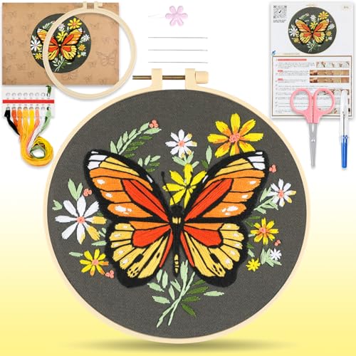 HTVRONT Embroidery Kit for Beginners, Butterfly Embroidery Kits with Step-by-Step Video Tutorials, Simple 6 Stitches Beginner Embroidery Kit for Adult Crafts