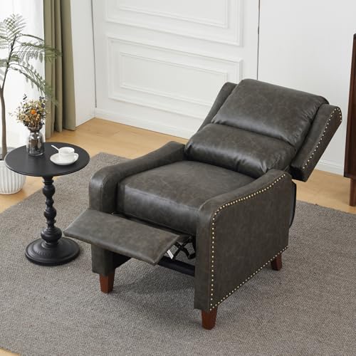 PATIOPTION Leather Pushback Recliner Chair, PU Leather Push Back Armchair, Upholstered Recliner Chair 105-135 Degree Adjustable, Retro Accent Chair for Living Room Bedroom - Gray