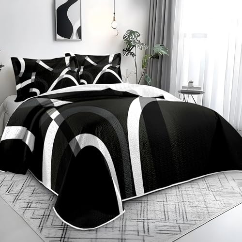 weesire Black and White Bedding Quilt King Size with 2 Shams, Modern Stripe Comforter Sets Classic Line Pattern Bedspreads Grey and White Coverlet, 96''x106'' weesire
