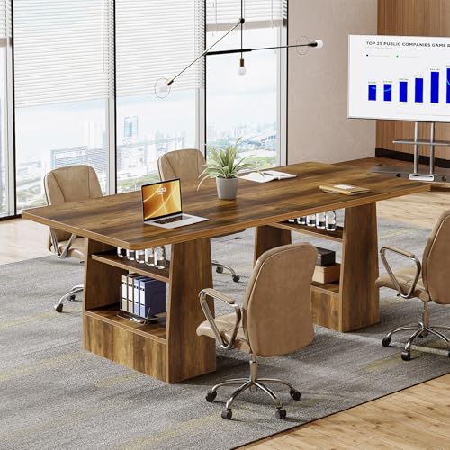 Tribesigns 63 inch Conference Table with 4 Shelves, Rectangular Meeting Table for Office, Large Sturdy Business Desk, Seminar Tables for 6-8 People (1, Brown) Tribesigns