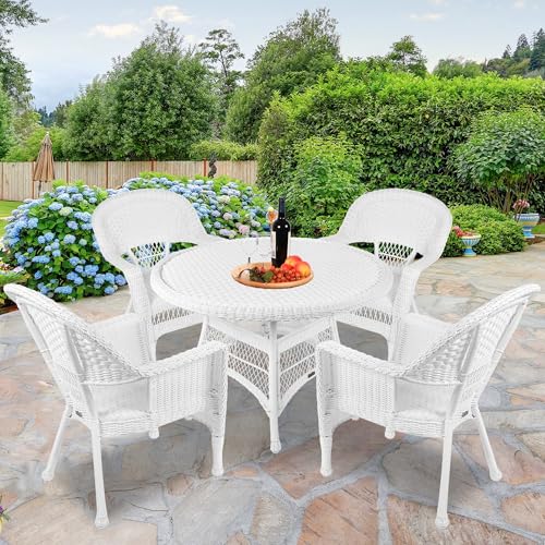Jeco 5 Piece Wicker Outdoor Dining Set, White Jeco
