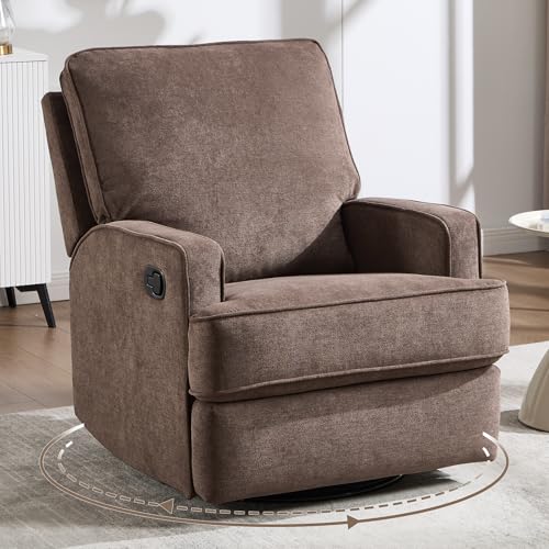 ANJ 360° Swivel Rocker Recliner Chair for Adults, Classic Manual Glider Recliners with Overstuffed Backrest, Upholstered Rocking Reclining Sofa Chair for Living Room, Brown