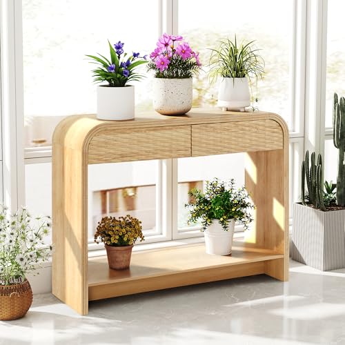 affeivul Curved Console Table Arch with Storage, Narrow Entryway Table with Drawers, 43.3'' Couch Table Behind Sofa Long and Skinny for Living Room TV, Hallway Entrance Foyer, Mid Century Boho Rattan affeivul