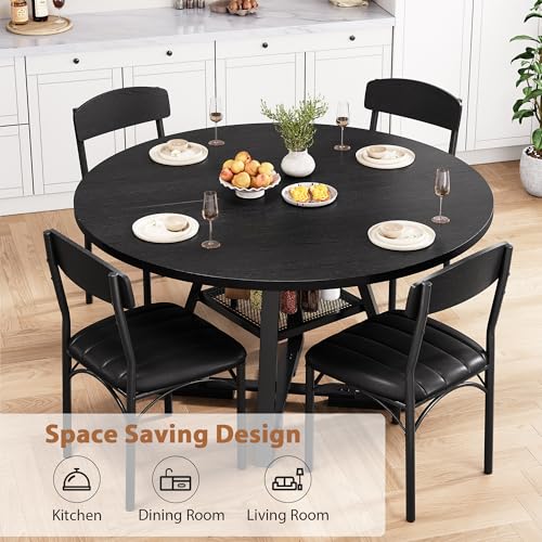 Round Dining Table Set for 4, Kitchen Table and Chairs for 4, Circle Table Round Pedestal Dining Room Dinner Dinette Table Set,5 Piece Space Saving Wood Kitchen & Dining Room Tables (Black, 42In) Jocoevol