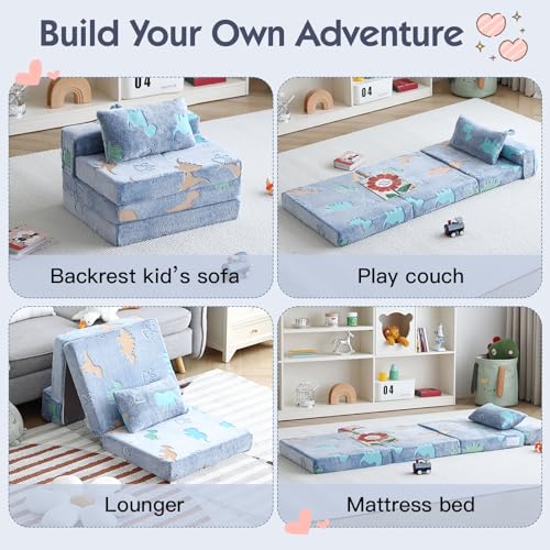 Foldable Floor Mattress with Pillow for Kids, Glow in The Dark Blue Dinosaur Toddler Washable Folding Floor Mat for Daycare, Child Trifold Futon Sofa Bed with Storage Bag for Playroom Girls and Boys Givjoy