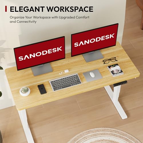SANODESK 55" Electric Standing Desk,One-Piece Dual Motor Height Adjustable Desk, Stable and Durable 3-Stage Stand up Desk for Home Office (White Frame/55 x 28 Inch Maple top) SANODESK