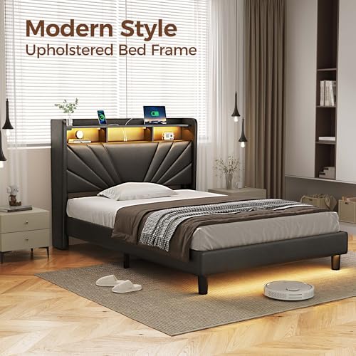 Rolanstar Twin Size Bed Frame, Storage Headboard with Charging Station and LED Lights, Upholstered Bed with Heavy Duty Wood Slats, No Box Spring Needed, Noise Free, Easy Assembly, Black Rolanstar