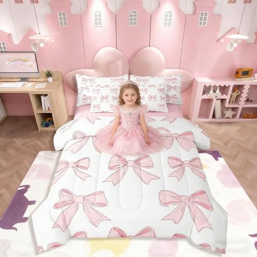 Feelyou Bowknot Comforter Set with Sheets Cute Pink Bow 7 Piece Bedding Set Queen Size for Kids Boys Girls Romantic Princess Style Bed in a Bag Soft Light Pink White Bedding Comforters Feelyou