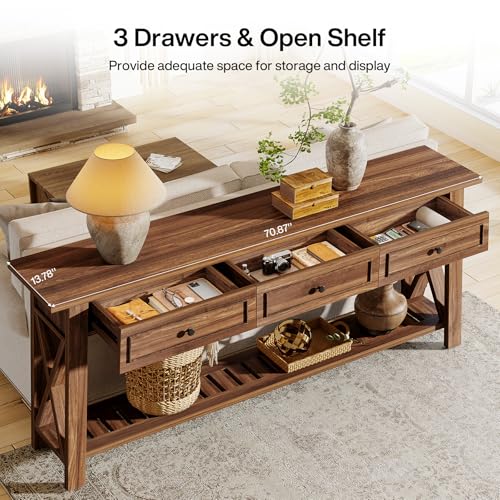 Tribesigns Console Table with 3 Storage Drawers, 70.87 Inches Extra Long Sofa Table Behind Couch with Bottom Shelf, Farmhouse Wooden Entryway Hallway Foyer Table for Living Room, Entrance (Walnut) Tribesigns
