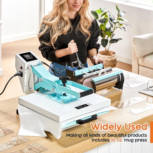 Albott 15x15 Inch 2-in-1 Heat Press Machine for T-Shirts and Cups, Fast Heating Sublimation Press with Digital Control Display for Clothing and Fabric Crafts, Blue Albott