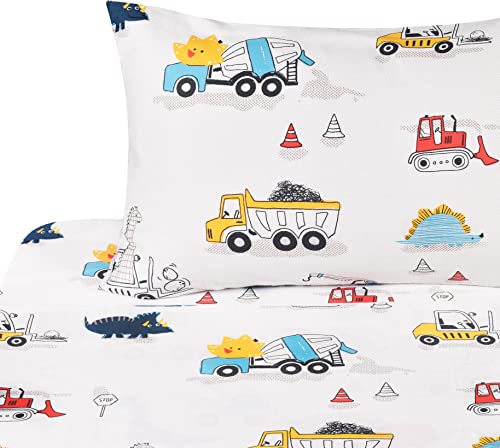 J-pinno Dinosaur Construction Work Digger Cars Vehicle Cute Cozy Fun Twin Sheet Set for Kids Girls Children, 100% Cotton, Flat Sheet + Fitted Sheet + Pillowcase Bedding Set (Dinosaur, Twin) J-pinno
