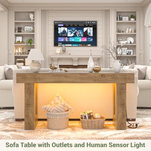 Unikito 63'' Farmhouse Console Table with Power Outlets and Sensor Light, Wooden Entryway Table with Storage, Rectangular Sofa Tables Behind The Couch for Entrance, Hallway, Living Room, Natural Oak Unikito
