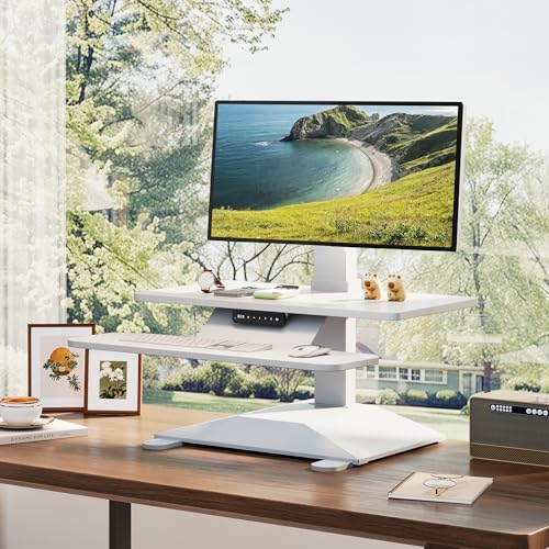 Electric Standing Desk Converter 28" Wide, Height Adjustable Desk Riser, Computer Workstation, Sit-Stand Convertor for Home, Office, School (White, 1 Arm Included) UP/SIT DASK