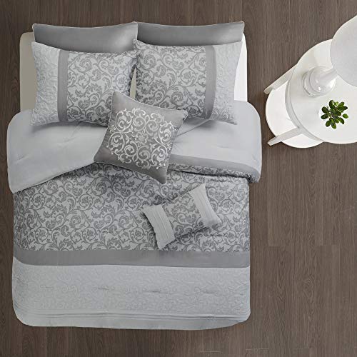 510 DESIGN Luxe Quilted Comforter Set Modern Transitional Design, All Season Down Alternative Warm Bedding Matching Shams, Bedskirt, Decorative Pillow, Cal King, Ramsey Damask Grey