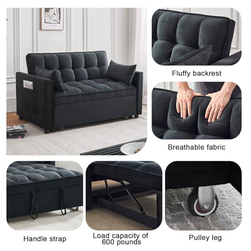 Yaewzbr Velvet Convertible Sleeper Sofa, 3-in-1 Pull Out Couch Bed with Pillows,Adjustable Backrest,Storage Pockets with Armrests for Living Room & Bedroom(Black Yaewzbr