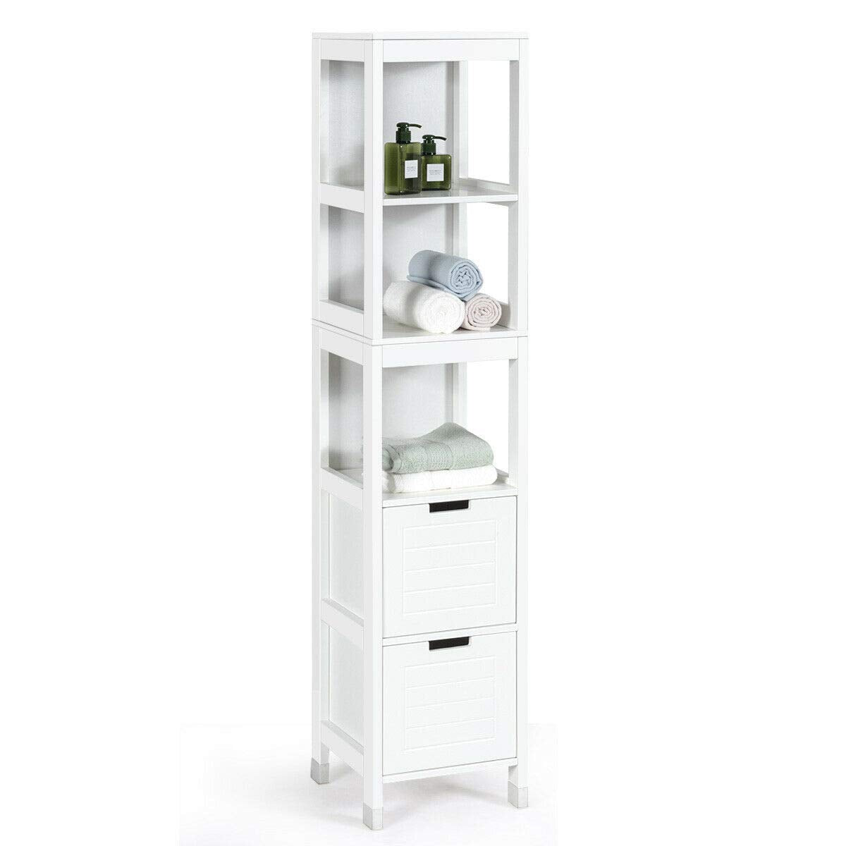 Tangkula White Multifunctional Tall Bathroom Storage Cabinet with 3 Shelves and 2 Drawers Tangkula