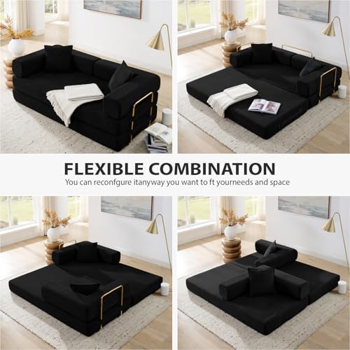 HANXIN 78 Inch Convertible Sleeper Sofa Bed, Folding Floor Mattress Couch with Fixed-Shape Frame, Futon Boneless Couch Lounge Loveseat with Pull Out Bed, No Assembly Required (Black) HANXIN