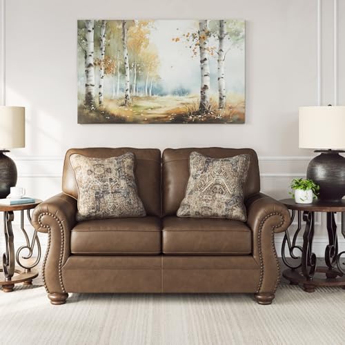 Signature Design by Ashley Shadsburne Rustic Faux Leather Loveseat with Nailhead Trim and 2 Throw Pillows, Brown Signature Design by Ashley