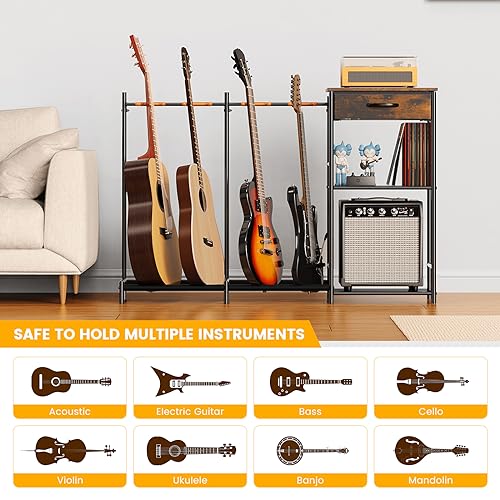 Guitar Stands Floor with 4 Guitar Holders, 3-Tier Guitar Stand Multiple Guitars, Guitar Rack with Amp Stand & Cloth Drawer, Multi Guitar Stand for Music Studio, Guitar Accessories gift for Music Lover Elerator