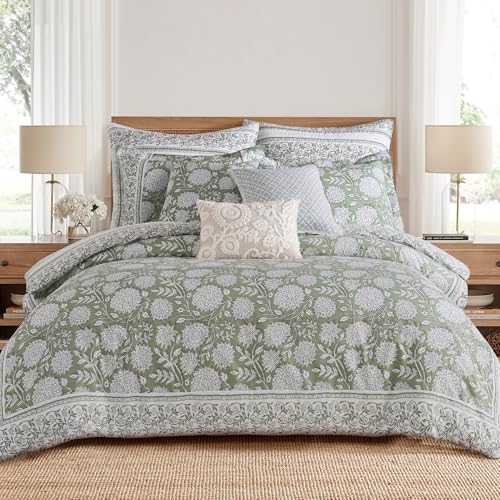Levtex Home Adare Sage Reversible Full/Queen Comforter Set (90x94in) with 2 Pillow Shams (26x20in) - Floral Bedding - Sage and White - 100% Cotton Full/Queen Size Comforter Set - Soft, Pre-Washed Levtex Home