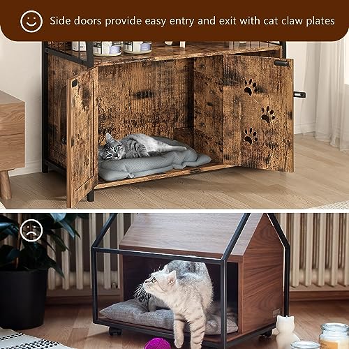 DKLGG Cat Litter Box Enclosure with 3 Shelve, Large Wood Cat Litter Box Furniture with Hook and Scratch, Hidden Wood Sturdy Cat Washroom, Fit Most of Litter Box DKLGG