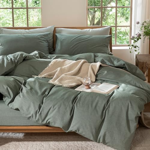 MooMee Bedding Duvet Cover Set 100% Washed Cotton Linen Like Textured Breathable Durable Soft Comfy (Heathered Green, King 104"x90") MooMee