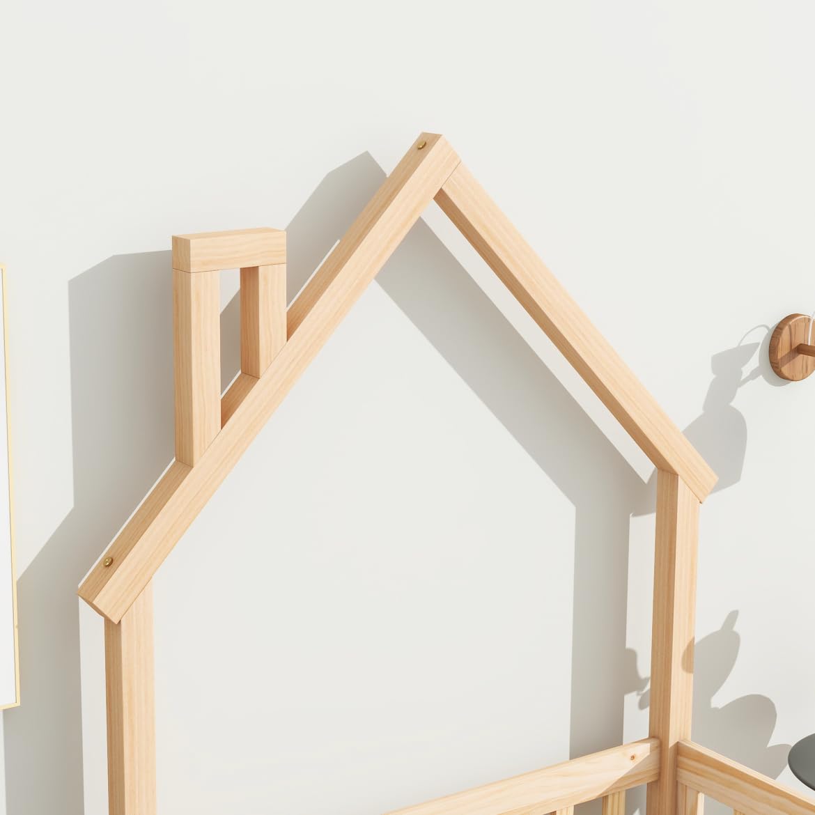 TURRIDU Twin Size Montessori House-Shaped Floor Bed with Fence & Door in Natural Wood TURRIDU