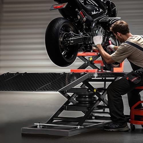 VEVOR Motorcycle Lift Table, 1500lbs Weight Capacity, Pneumatic Motorcycle Jack, 8.6-31 in Height Range, Heavy Duty Bike Repair Stand with Removable Workbench, Repair Platform for ATVs, Dirt Bike VEVOR