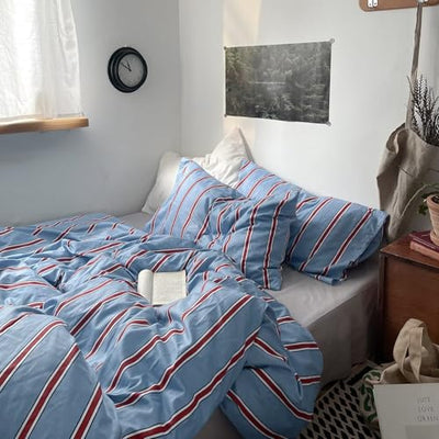 MKXI Full Blue & Red Vertical Stripe Duvet Cover Set 3-Piece - 100% Cotton Textured Bedding with Zipper Closure & Corner Ties, Modern Coastal Vintage Aesthetic Comforter Cover