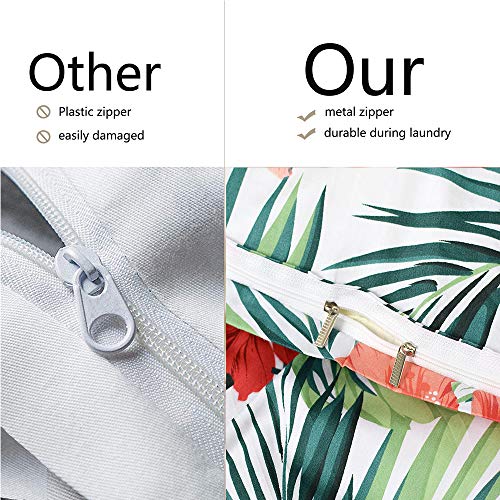 FADFAY Tropical Red Hibiscus Palm Leaves Duvet Cover Set Super Soft Summer Bedding 100% Cotton Soft with Hidden Zipper Closure Queen Size 3-Pieces FADFAY