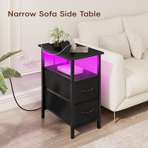Vagusicc Set of 2 Black Nightstand with Charging Station and LED Lights, Narrow Side Table, LED Night Stand with 2 Fabric Drawers, Bedside Table Small End Table, Tall Nightstand for Bedroom, Black Vagusicc