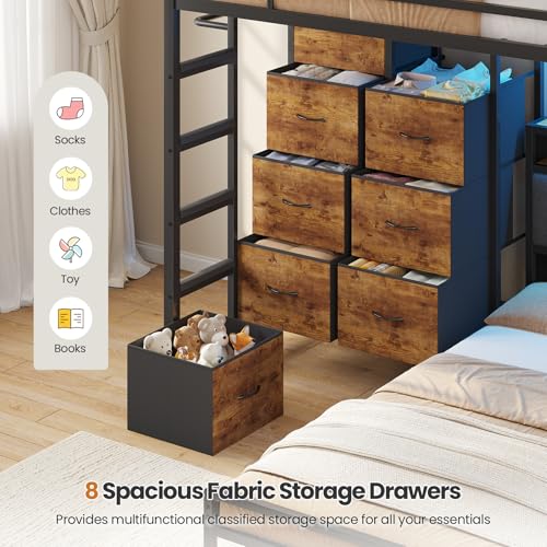 DICTAC Twin Over Twin Bunk Bed with 8 Storage Drawers and Led Lights Metal Bunk Beds with Storage Headboard and Charging Station,L-Shaped bunk Bed for Kids/Teen with Safety Guardrail and Ladder,Black DICTAC