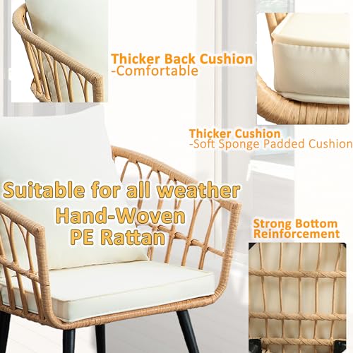 WenHaus 3 Piece Patio Bistro Sets, Outdoor Wicker Furniture Set, All-Weather Rattan Chairs Conversation Set with Cushions Round Table for Garden,Balcony,Backyard,Porch,Deck-Beige WenHaus