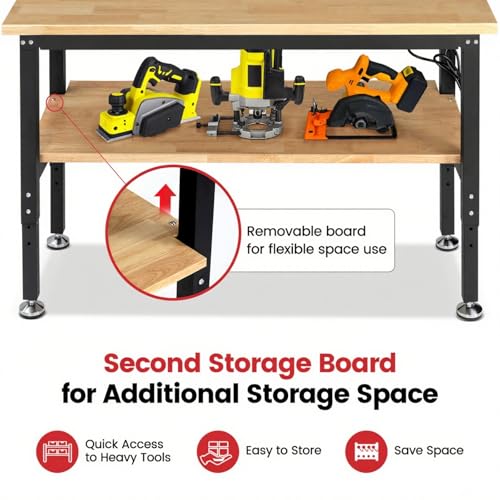ENJOYWOOD Work Table for Garage 60 x 22 Inch Adjustable Height Workbench Heavy Duty Rubberwood Tabletop Work Bench with Power Outlets Pegboard Pad for Woodworking Shop, Home, Office ENJOYWOOD