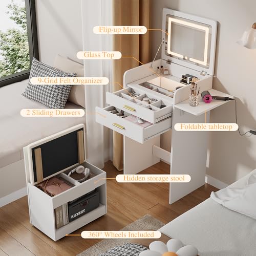KDCAS 3 in 1 Small Vanity Desk with Flip Top Mirror and Lights| 20" Compact Makeup Vanity Set with Hidden Storage Stool & 2 Drawers| Mini Dressing Table for Bedroom(White) KDCAS