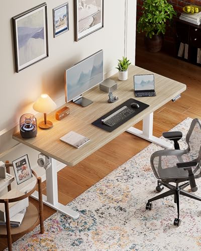 HUANUO 71 x 30 inch Electric Standing Desk, Powerful Brushless Motor Large Height Adjustable Table, 4 Memory Preset Sit Stand Up Desk, Home Office Computer Table with Thick T-Shaped Frame, Natural HUANUO