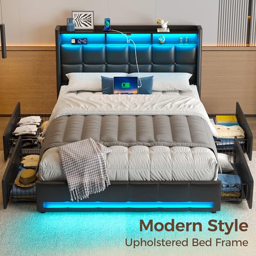 Rolanstar Full Size Bed Frame with LED Lights and Charging Station, PU Leather Bed Storage Headboard & Drawers, Heavy Duty Wood Slats, Easy Assembly, Black Rolanstar