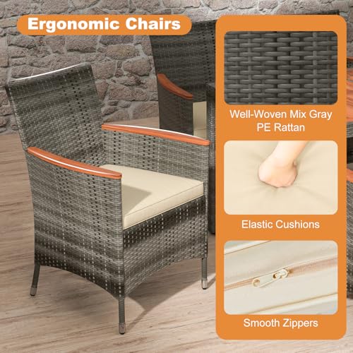 HAPPYGRILL 9 Pieces Outdoor Dining Set, Acacia Wood and Rattan Furniture Set with 1 Large Rectangular Table and 8 Chairs with Cushions, Patio Wicker Dining Table and Chairs Set HAPPYGRILL