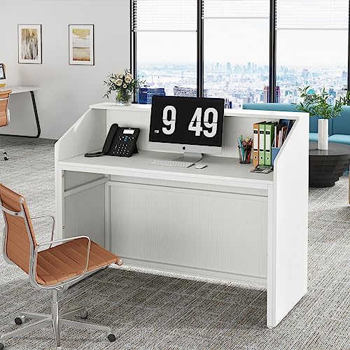 LITTLE TREE 47-Inch Reception Desk with Counter, White Front Desk Reception Room Table, Retail Counter for Checkout, Modern Welcome Desk for Lobby, Office, Beauty Salon LITTLE TREE