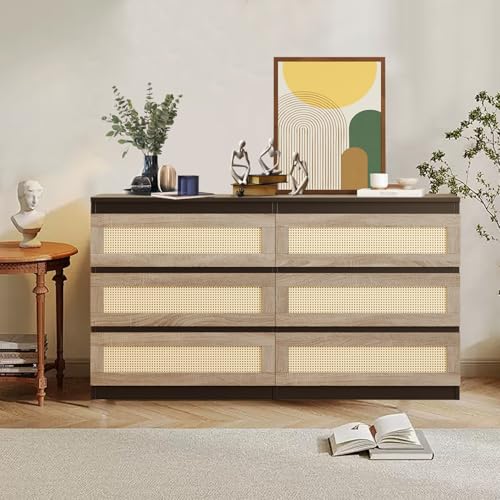 Luoxiao Modern Black Rattan 6 Drawer Dresser for Bedroom and Storage Luoxiao