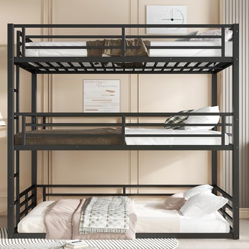Harper & Bright Designs Heavy Duty Triple Bunk Bed, Full Over Full ove Full Bunk Bed with Ladders, Metal Bunk Beds with Guardrails for Kids, Teens, Adults, Noise-Reduced, Black Harper & Bright Designs