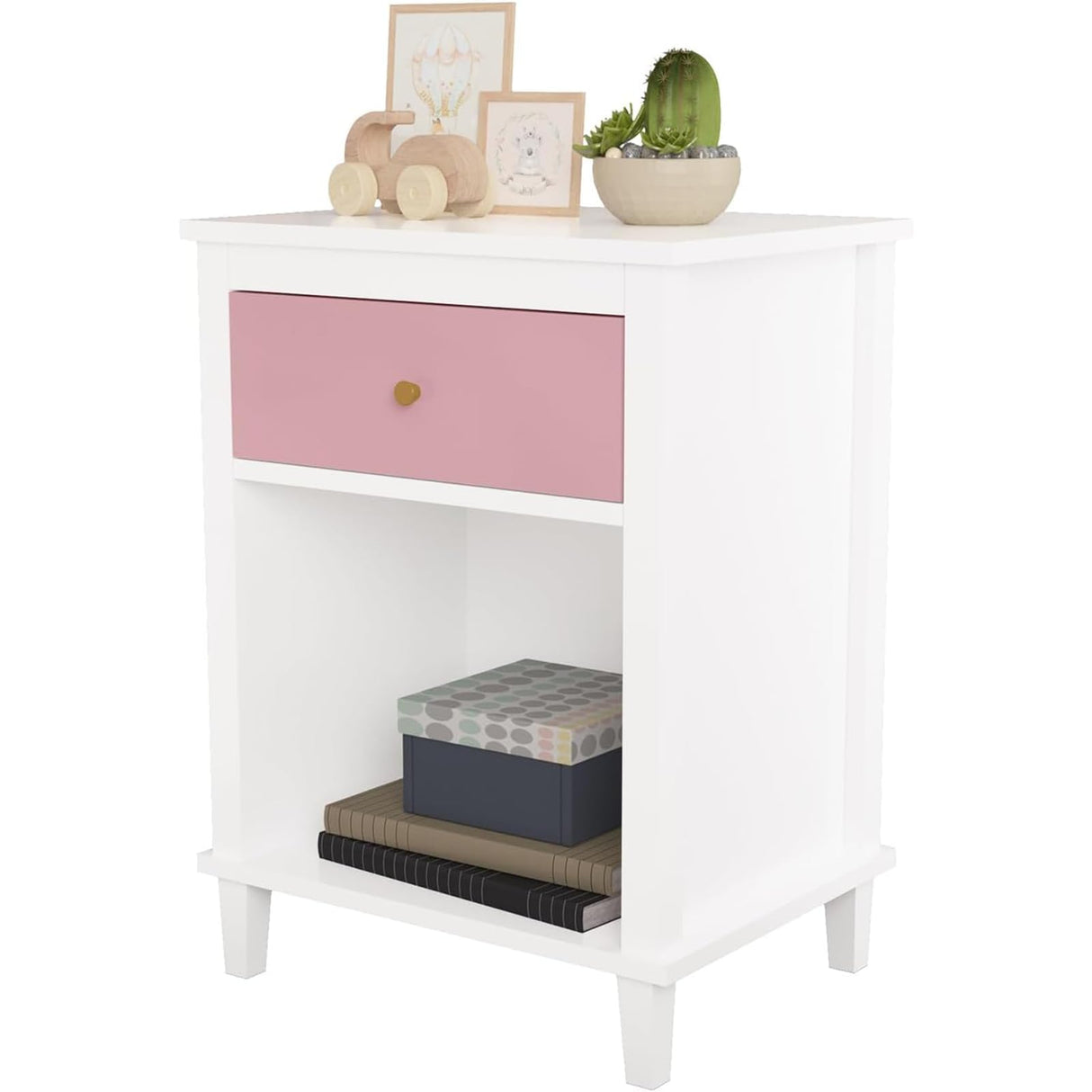 kikiumi White Nightstand,Night Stand with Pink Drawer,2-Tier Bed Side Table with Storage,Wood Bedside Table,Small Night Stands for Bedrooms Modern/Simple (1,Pink) kikiumi
