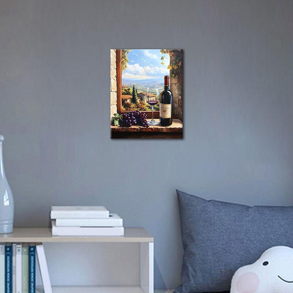 Paint by Numbers Kit for Adults Beginner - Vineyard Window View with Bottle and Glass of Red Wine, Grapes and Scenic Landscape, Relaxing DIY Arts and Crafts for Adults - 16x20 Inch TUMOVO