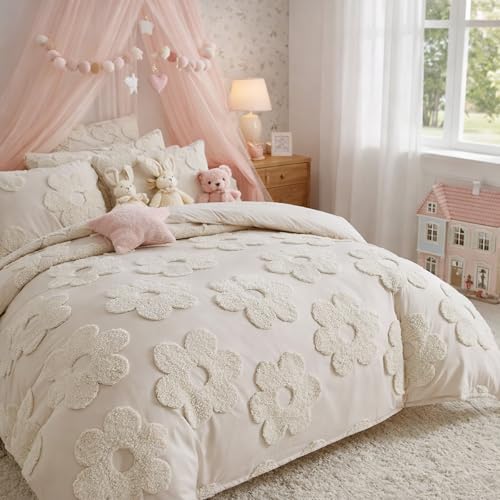 Frienda Spring Floral Full Comforter Cover Set for Girl Women 3 Pcs Tufted Khaki Floral Bedding Set Embroidery Boho Warm Tufted Bedding Include 1 Comforter Cover 2 Pillow Case for Home Gift Frienda