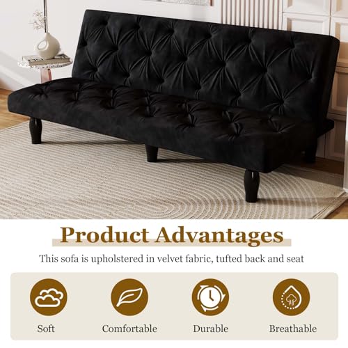 Anwick 3-in-1 Futon Sofa Bed, 66" Velvet Love Seat Sleeper Bed with Adjustable Backrest, Multifunctional Reclining Couch Sofas for Small Spaces, Living Room, Office, Guest Room (Black) Anwick