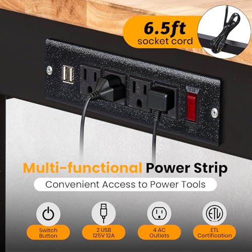Heavy-Duty Adjustable Garage Workbench 60" L x 24" W – 2000 LBS Capacity with ETL Power Outlet, Rubberwood Top for Woodworking, Welding, Crafting & Home Office (29.5"-39.4" Height Adjust) EliteEdge